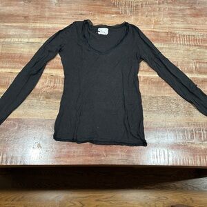 Black Linq v-neck ling-sleeved sweater/tee with lace trim on collar, cuffs, hem